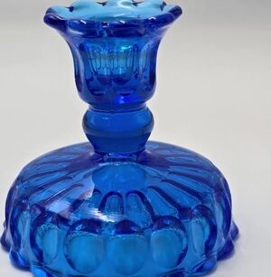 Vintage Fenton Colonial Blue Glass Thumbprint Candle Holder Reversible 4"